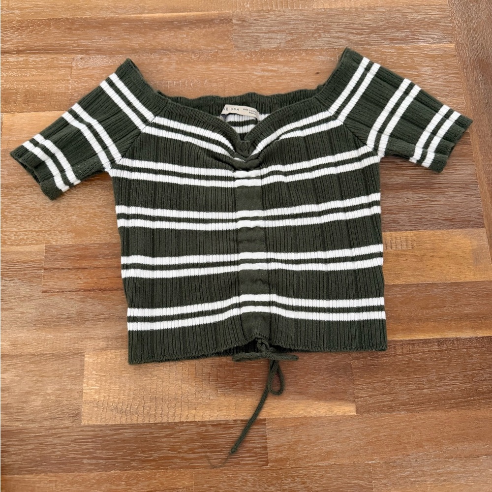 Active USA Olive Green & White Striped Off-Shoulder Knit Top